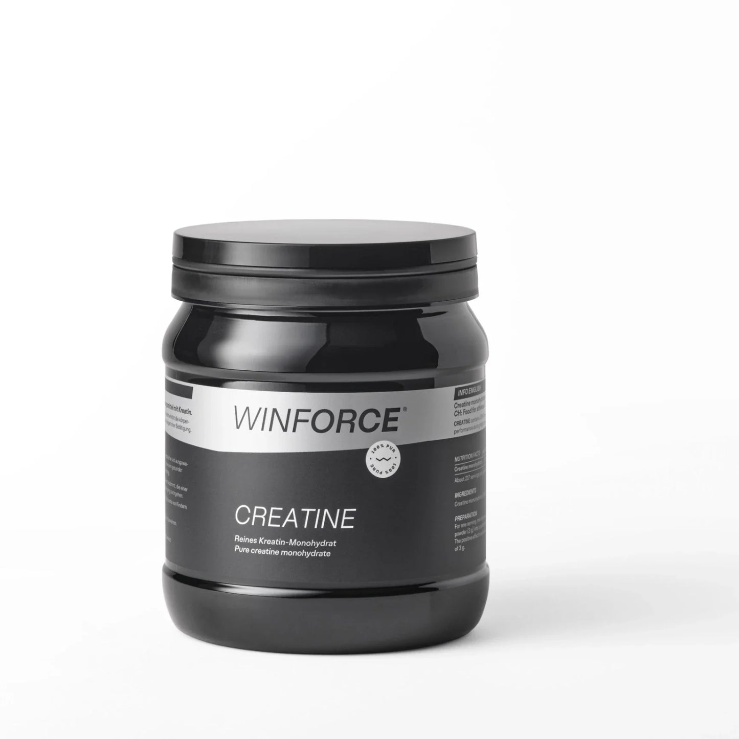 Schwarze Dose Winforce Kreatin-Monohydrat, deutlich beschriftet mit 'Reines Kreatin-Monohydrat' und dem '100% Pure'-Siegel. Dieses Nahrungsergänzungsmittel ist für Sportler zur Steigerung der Leistung und des Muskelwachstums.